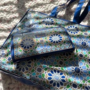 Harrods Tote Bag + Wallet Set Designer, Glossy Finish, Blue Logo Pattern